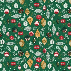 May include: A repeating pattern of Christmas ornaments in various shapes and colors, including red, white, gold, and green. The ornaments are decorated with stripes, floral designs, and other festive details, set against a dark green background.