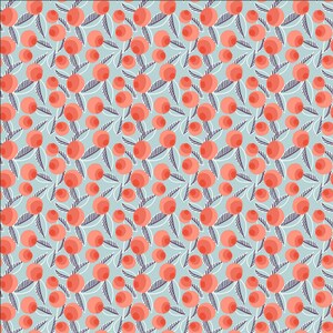 May include: A seamless pattern featuring a repeating design of red circles with white outlines, surrounded by small, stylized leaves in a light blue background.