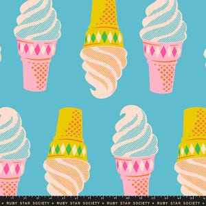 May include: A repeating pattern on a light blue background featuring stylized ice cream cones. Some cones are pink with blue soft serve, while others are yellow with cream-colored soft serve. Text at the bottom reads RUBY STAR SOCIETY.