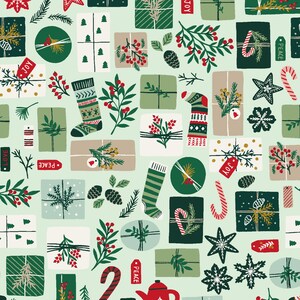 1/2 Yard - Merry Memories - Opening Presents - Mint Green Metallic Fabric- Cotton + Steel, RJR Fabrics, Holiday Fabric, YX100-MG1M