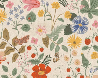 May include: A floral pattern featuring a variety of flowers, butterflies, and strawberries in shades of red, pink, yellow, and blue. The design includes detailed leaves and stems on a neutral background.