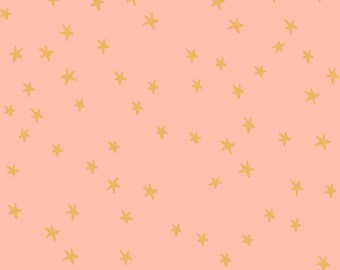 May include: A repeating pattern of hand-drawn gold stars scattered across a soft peach background. The stars vary slightly in size and orientation, creating a whimsical design. Suitable for various applications.