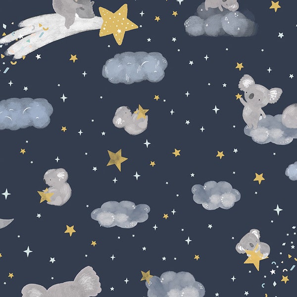 Dear Stella Fabric- 1/2 Yard, Shooting Stars- koala, moon and stars, clouds, baby fabric, boy/girl fabric, Quilting Cotton