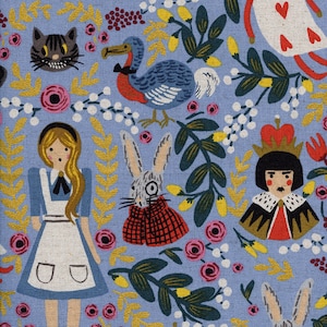 May include: A blue fabric with a repeating pattern of Alice in Wonderland characters, including Alice, the Queen of Hearts, the Mad Hatter, the White Rabbit, and the Dodo bird. The fabric also features flowers, leaves, and other whimsical details.
