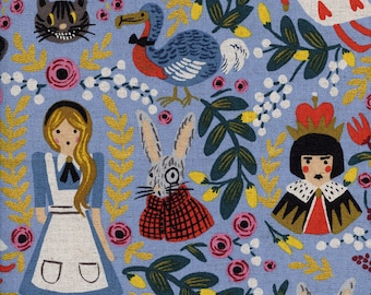 Rifle Paper Co Fabric 1/2 Yard -  CANVAS Alice in Wonderland - Light Blue CANVAS Metallic Fabric - Cotton and Steel|Fabric by the Yard