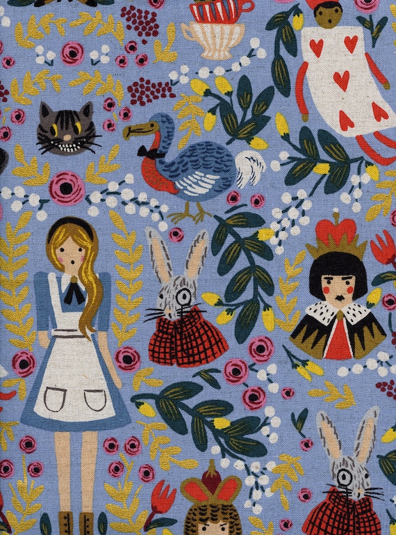 Rifle Paper Co Fabric 1/2 Yard -  CANVAS Alice in Wonderland - Light Blue CANVAS Metallic Fabric - Cotton and Steel|Fabric by the Yard