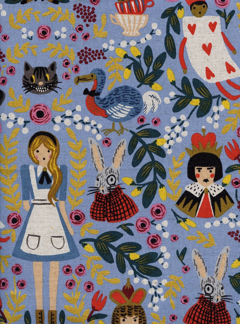 May include: A blue fabric with a repeating pattern of Alice in Wonderland characters, including Alice, the Queen of Hearts, the Mad Hatter, the White Rabbit, and the Dodo bird. The fabric also features flowers, leaves, and other whimsical details.