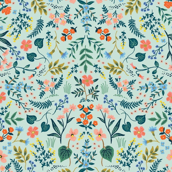 Rifle Paper Co Fabric 1/2 Yard - Wildwood Collection- Wildwood Mint Metallic Fabric, Cotton and Steel, Fabric by the Yard