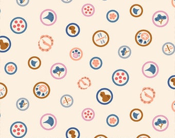 Kingyo - 1/2 Yard Fabric, Kamon Japanese Design in Cream by Lemonni for Figo Fabrics| Japanese Design, Kawaii, Food, Blue, Circles