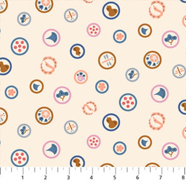 Kingyo - 1/2 Yard Fabric, Kamon Japanese Design in Cream by Lemonni for Figo Fabrics| Japanese Design, Kawaii, Food, Blue, Circles