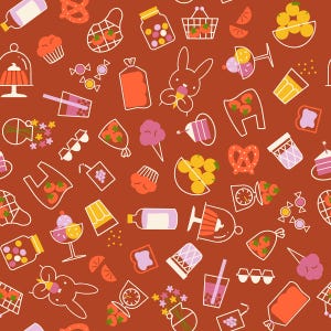 May include: A seamless pattern on a rust-colored background featuring white line art icons of food and drink items including a rabbit eating ice cream, cupcakes, pretzels, fruit bowls, candy, boba tea, cotton candy, and kitchen scales.