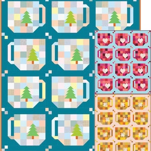 May include: A patchwork quilt featuring large, stylized coffee mugs with a Christmas tree design. The mugs are set against a teal background. Additional quilts show mugs with hearts and star designs.