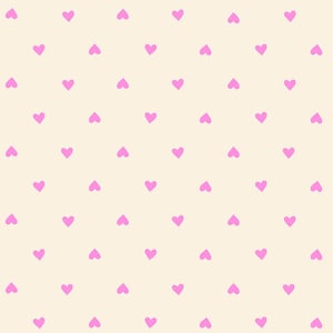 May include: A repeating pattern of small, pink hearts evenly spaced on a cream-colored background. The hearts are solid and simple in design, creating a cheerful and romantic aesthetic. This design is suitable for various applications, such as fabric or wallpaper.