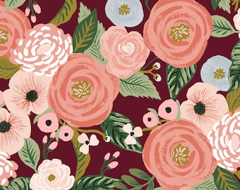 CANVAS Rifle Paper Co Fabric, 1/2 Yard - Garden Party - Juliet Rose - Burgundy Canvas Fabric by the Yard