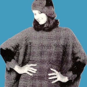 Crocheted Granny Square Poncho with Beret Patterns Digital Download Vintage Crochet Pattern