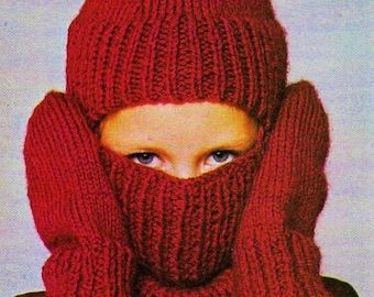 Easy Knitted Ski Helmet (Balaclava) and Long Mittens For Child Digital Download Vintage Knitting Pattern