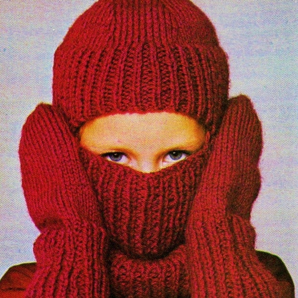 Easy Knitted Ski Helmet (Balaclava) and Long Mittens For Child Digital Download Vintage Knitting Pattern