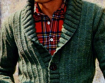 Knitted Men's Shawl Collar Cardigan Pattern Digital Download Vintage Knitting Pattern