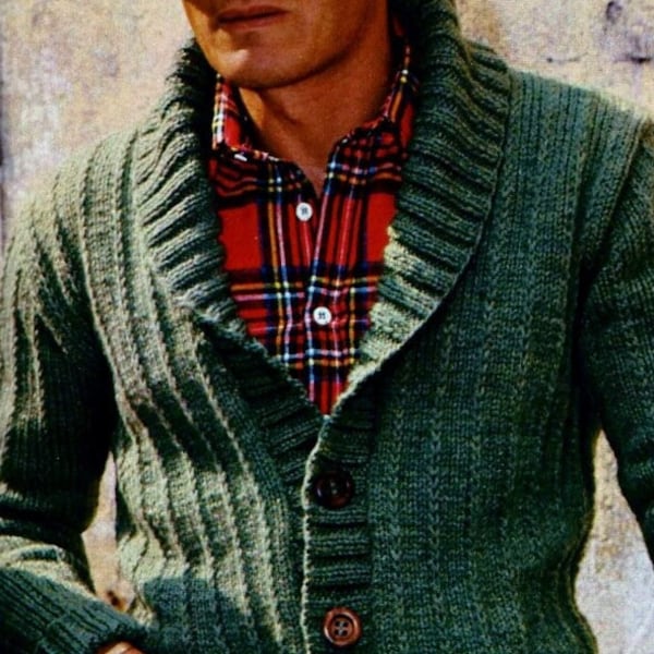 Knitted Men's Shawl Collar Cardigan Pattern Digital Download Vintage Knitting Pattern