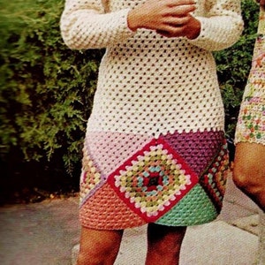 Crocheted Granny Square Border Dress Digital Download Vintage Crochet Pattern