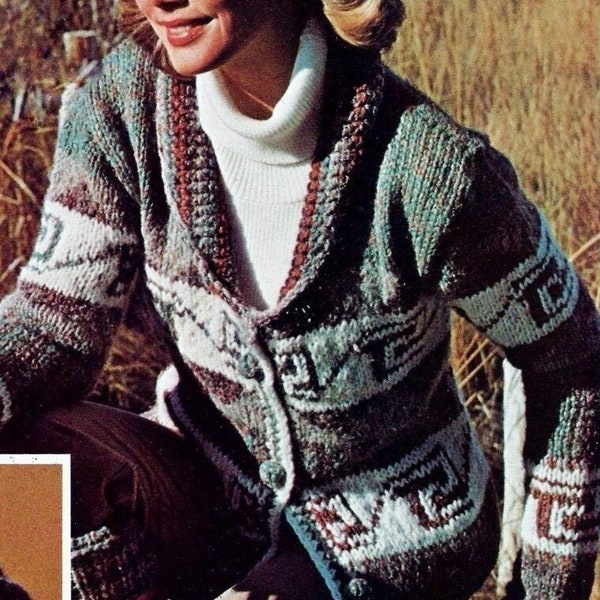 Modèles de pull cardigan péruvien, bonnet et poignets de bottes en téléchargement numérique modèle de tricot vintage