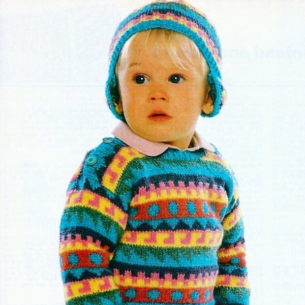 Pull péruvien pour tout-petits avec pantalon, bonnet et chaussettes, modèle de tricot vintage en téléchargement numérique