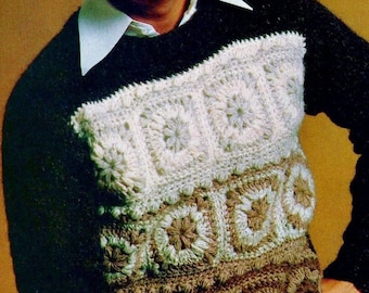 Crocheted Men's Granny Square Sweater Pattern Digital Download Vintage Crochet Pattern