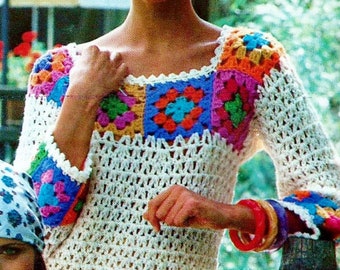 Crocheted Granny Square Blouse Pattern Digital Download Vintage Crochet Pattern