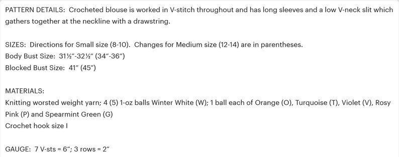 May include: Crochet pattern instructions for a blouse with long sleeves and a V-neck. The pattern includes details for sizes 8-10 and 12-14, yarn requirements, and gauge information. The pattern is written in English.