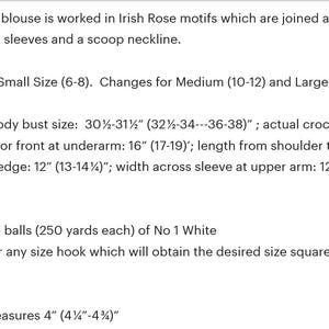 May include: Crochet pattern instructions for a blouse with Irish Rose motifs. The pattern includes details on sizes, blocking measurements, materials, and gauge. The pattern is written for sizes 6-8, 10-12, and 14-16.