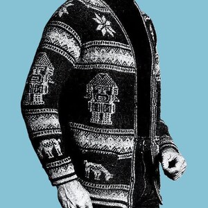 Puede incluir: Un cárdigan negro y blanco con estampado y cuello alto. El cárdigan tiene un diseño geométrico con un patrón de copo de nieve.