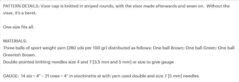 Peut inclure: Instructions de tricot pour un bonnet avec visi&egrave;re ou un b&eacute;ret. Le mod&egrave;le n&eacute;cessite trois pelotes de fil de poids sport en brun, vert et brun verd&acirc;tre. Il faut &eacute;galement des aiguilles &agrave; tricoter double pointes de tailles 4 et 7 (3,5 mm et 5 mm). L'&eacute;chantillon est de 14 mailles et 21 rangs pour 10 cm.