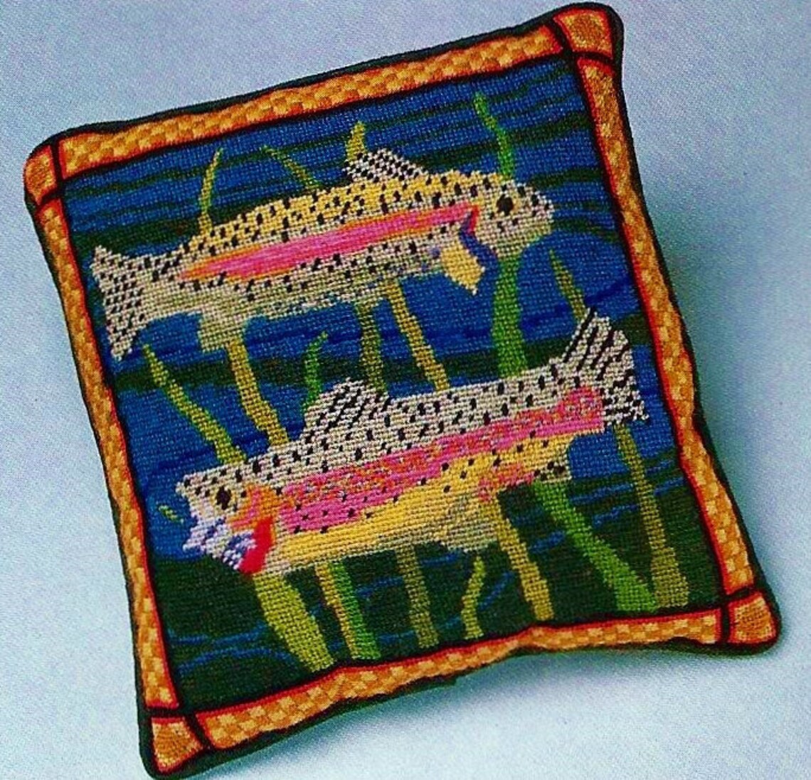 Knitted Plaid Afghan Needlepoint Trout Pillow and Footstool Etsy