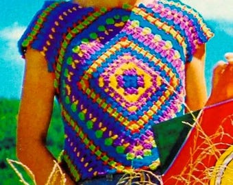 Crocheted Granny Square Top Pattern Digital Download Vintage Crochet Pattern