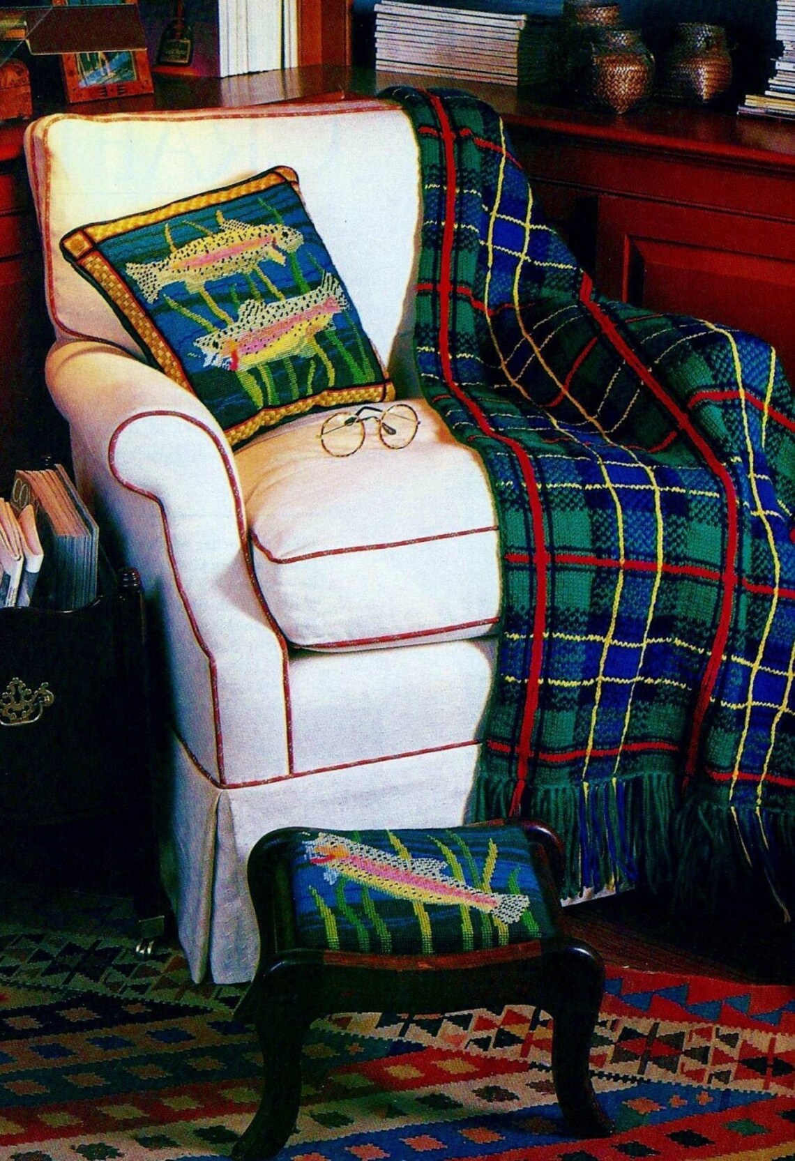 Knitted Plaid Afghan Needlepoint Trout Pillow and Footstool Etsy