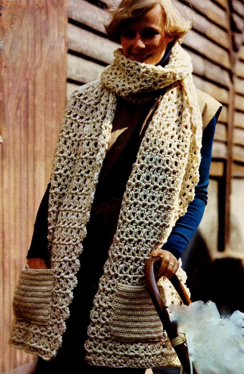 Very Easy Crocheted Pocket Scarf Pattern Digital Download Vintage Crochet Pattern image 1