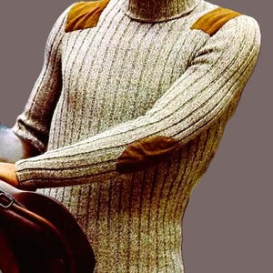 Knitted Men&#39;s Turtleneck Sweater with Shoulder and Elbow Patches Pattern Digital Download Vintage Knitting Pattern