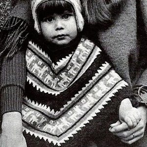 Gebreide Peruaanse poncho- en oorklepmutspatronen voor kinderen Digitale download vintage breipatroon