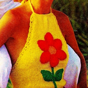 Knitted Halter Top With Crocheted Flower Trim Pattern Digital Download Vintage Knit and Crochet Pattern