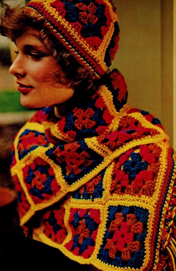 Easy Crocheted Granny Square Hat and Scarf Digital Download Vintage Crochet Pattern