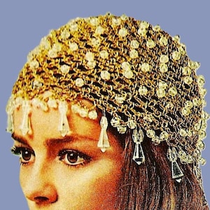 Patrón de gorro de ganchillo dorado y cristal, descarga digital, patrón vintage de ganchillo.