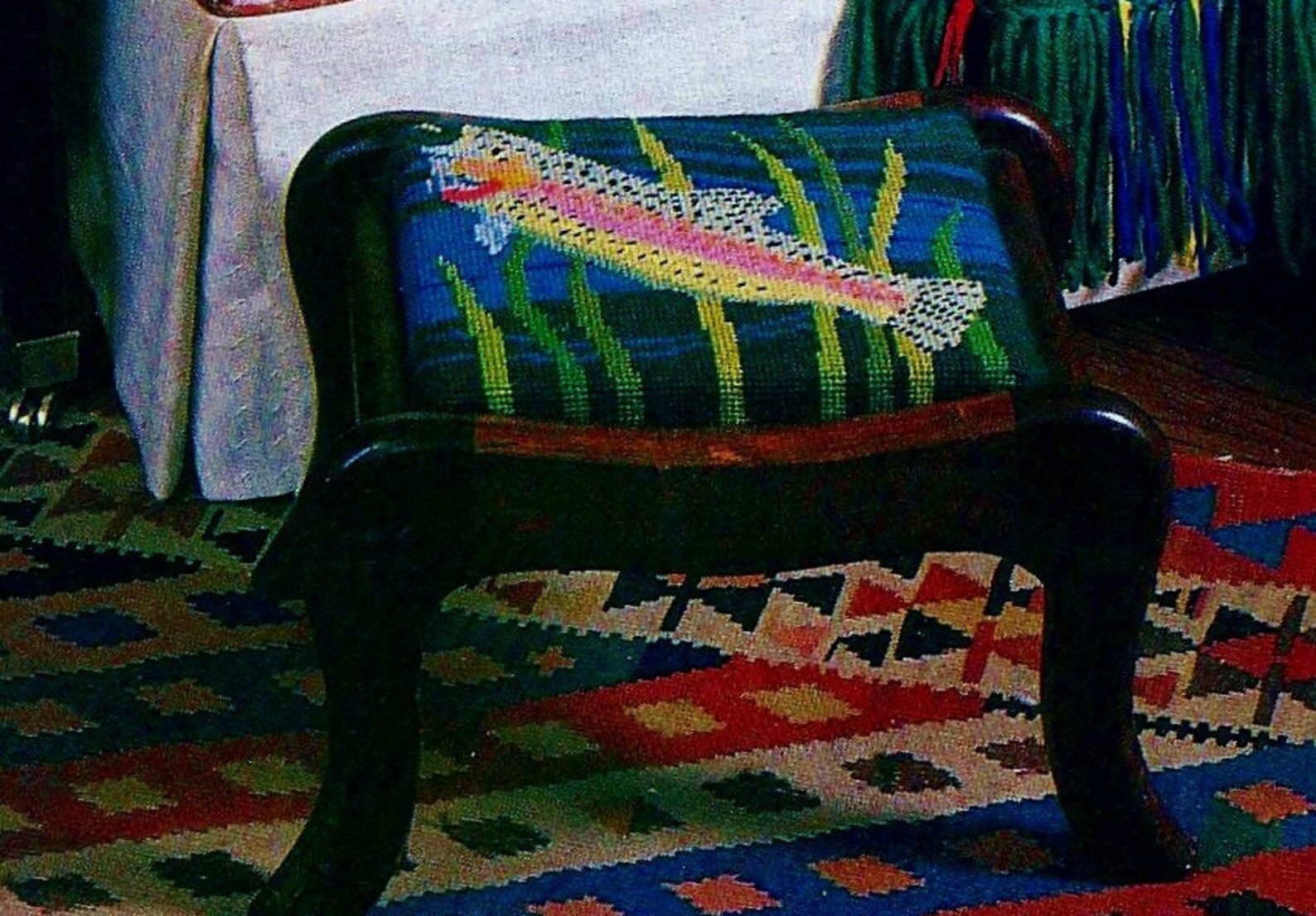 Knitted Plaid Afghan Needlepoint Trout Pillow and Footstool Etsy