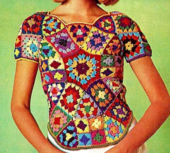 Crocheted Granny Square Top Pattern Digital Download Vintage Crochet Pattern