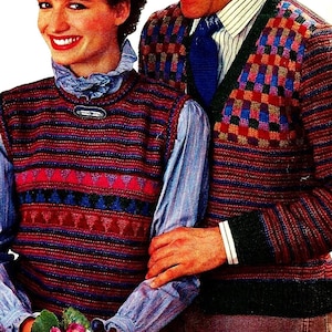 Knitted Vest and Men&#39;s Cardigan Sweater Patterns Digital Download Vintage Knitting Patterns