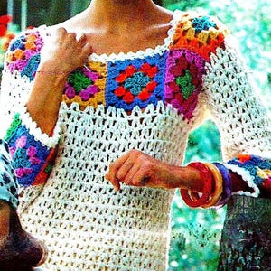 Crocheted Granny Square Blouse Pattern Digital Download Vintage Crochet Pattern