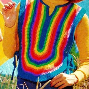 May include: A sleeveless crochet top with a rainbow pattern. The top has a V-neck and ties at the sides.