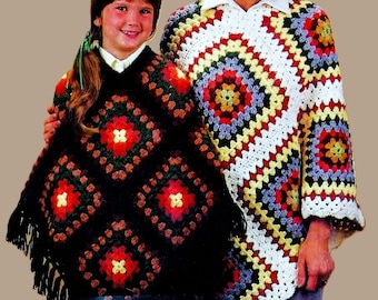 Easy Crocheted Granny Square Poncho Patterns Digital Download Vintage Crochet Pattern
