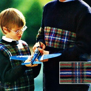 Modello di maglia per maglioni vintage in tartan: padre e figlio (download digitale)