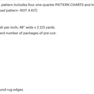 May include: A list of materials and colors needed for a rug hooking project. The project includes a 48 inch wide by 2 2/3 yard rug hooking canvas, 3 1/3 mesh per inch, and latch hooking wool in colors like Chinese Yellow, Biscuit, Leaf Green, Carnation, Raspberry, Lt Blue, Mid Royal Blue, and Wedgewood.