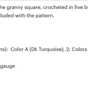 Puede incluir: Instrucciones de ganchillo para una parte superior de cuadrado de la abuela. El patr&oacute;n requiere cinco colores brillantes de hilo de peso aran, incluyendo turquesa, morado, amarillo intenso, escarlata y lechuga. El patr&oacute;n es para las tallas 8 a 14. El calibre es de 3 grupos de 3 puntos de cadeneta = 2 pulgadas.